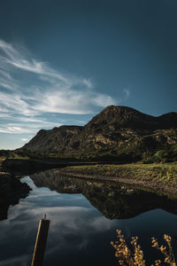 Scenic view of lake by mountains against sky