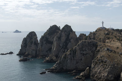 Rock formations in sea against sky