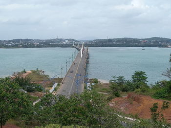 High angle view of bridge over sea against sky