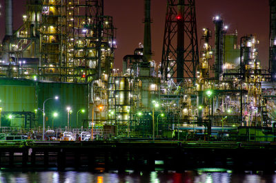 Illuminated factory by river at night