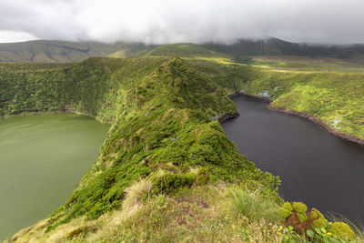 Scenic view of river amidst mountains against sky