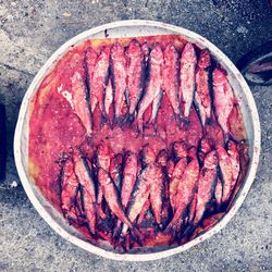 High angle view of red cake