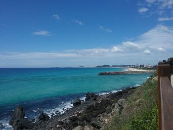 Scenic view of sea against blue sky