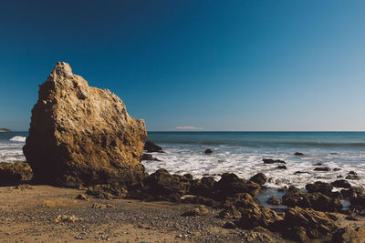 Scenic view of sea against clear blue sky