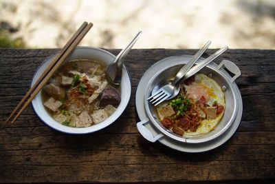 High angle view of food served on table