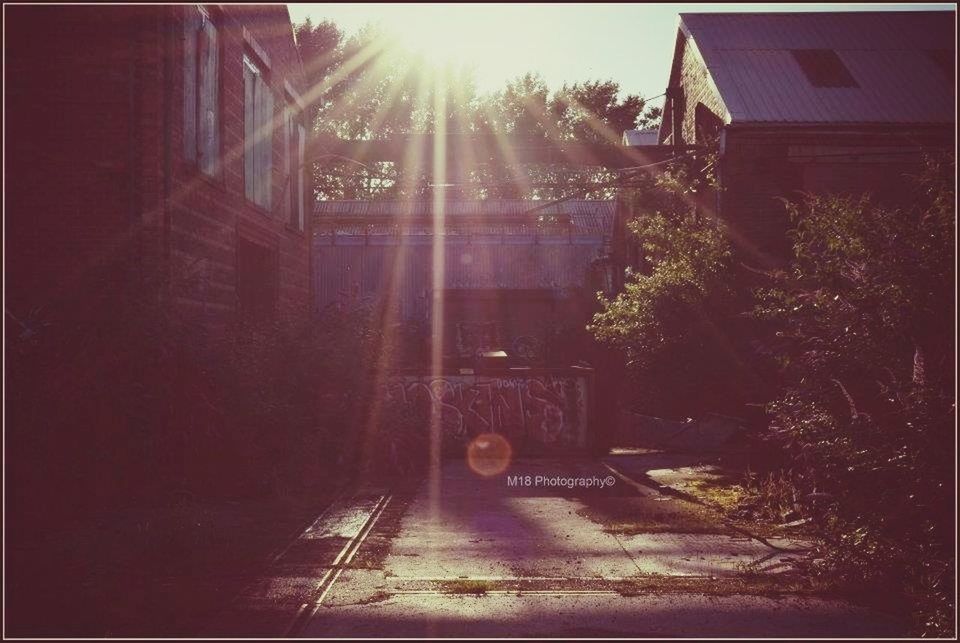 building exterior, architecture, built structure, sunlight, sunbeam, sun, lens flare, the way forward, house, shadow, sunny, tree, building, street, residential structure, day, no people, residential building, city, outdoors