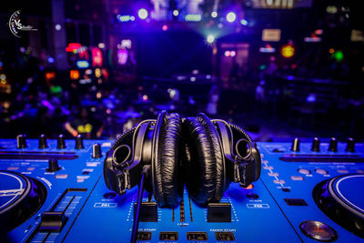 Close-up of illuminated lighting equipment