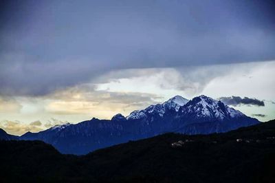 Scenic view of mountains against cloudy sky