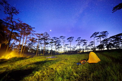 Yellow tent on grass against sky at night