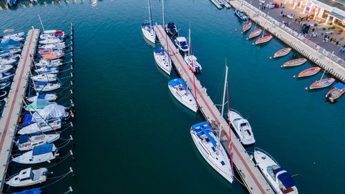 High angle view of ship moored at harbor