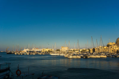 Boats moored at harbor against blue sky