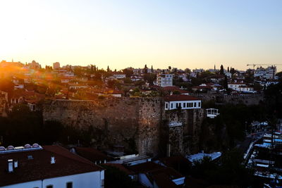 High angle view of townscape against sky at sunset