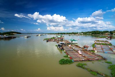 High angle view of harbor against sky