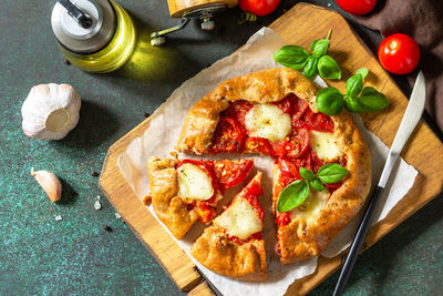 High angle view of pizza on table