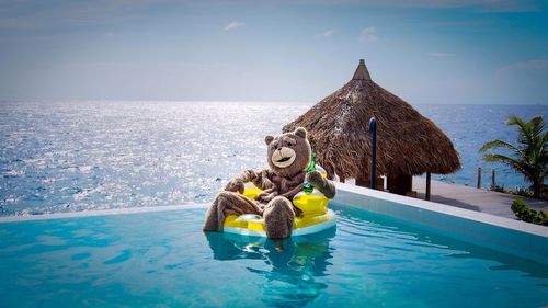 Man in costume floating on swimming pool by sea against sky