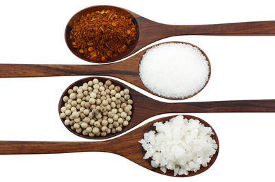 Directly above shot of eggs in container against white background