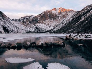 Scenic view of lake against cloudy sky