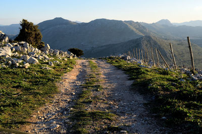 Footpath leading towards mountains against sky