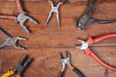 High angle view of tools on table