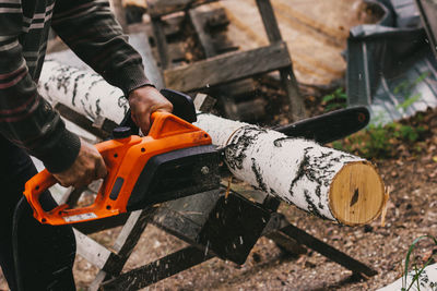 Man sawing a birch trunk with a chainsaw in the forest.