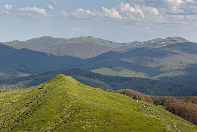 View from polonina carynska tourist trail in bieszczady mountains, poland.