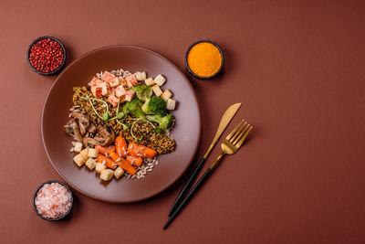 High angle view of food in bowl on table