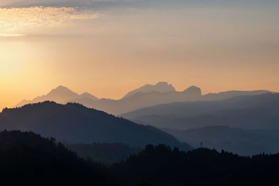 Scenic view of silhouette mountains against sky at sunset