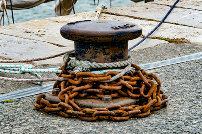 Close-up of rope tied on boat