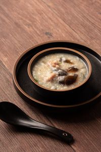 High angle view of soup in bowl on table