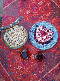 High angle view of fruits in bowl on table