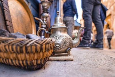 Retro style teapot for sale at street market in morocco