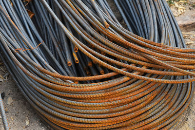 High angle view of metallic rods at construction site