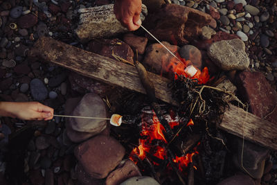 High angle view of hands roasting marshmallows over campfire