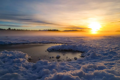 Scenic view of frozen lake against sky during sunset