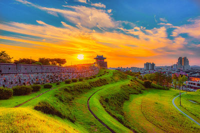 Scenic view of field against sky during sunset