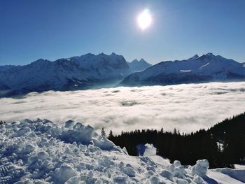 Scenic view of snow mountains against clear sky