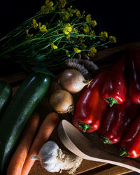 High angle view of chili peppers on table