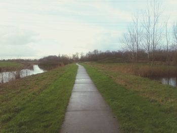 Scenic view of grassy field by lake against sky