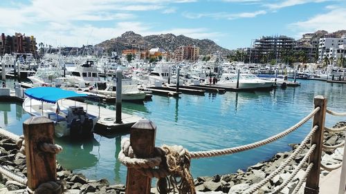 Boats moored at harbor against sky