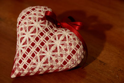 High angle view of heart shape decoration on table