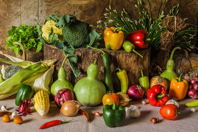 Still life vegetables, herbs and fruit as ingredients in cooking.