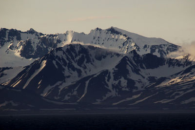 Scenic view of snowcapped mountains by sea against sky