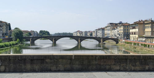 Bridge over river by buildings in city against sky