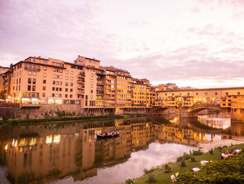 Buildings by river against sky in city