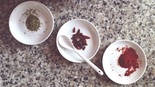 Directly above shot of spices in plate on floor