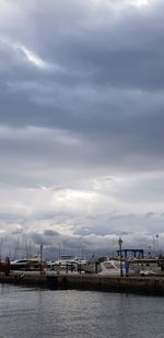 Sailboats moored at harbor against sky