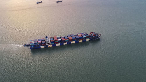 High angle view of ship sailing in sea