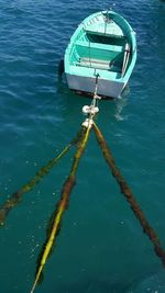 High angle view of boat moored in lake