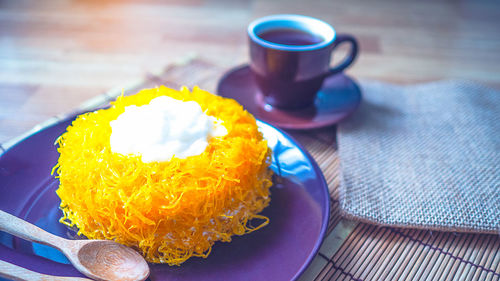 Close-up of breakfast on table