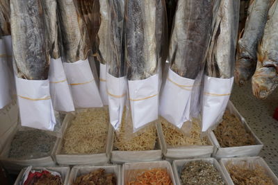 High angle view of fish for sale in market